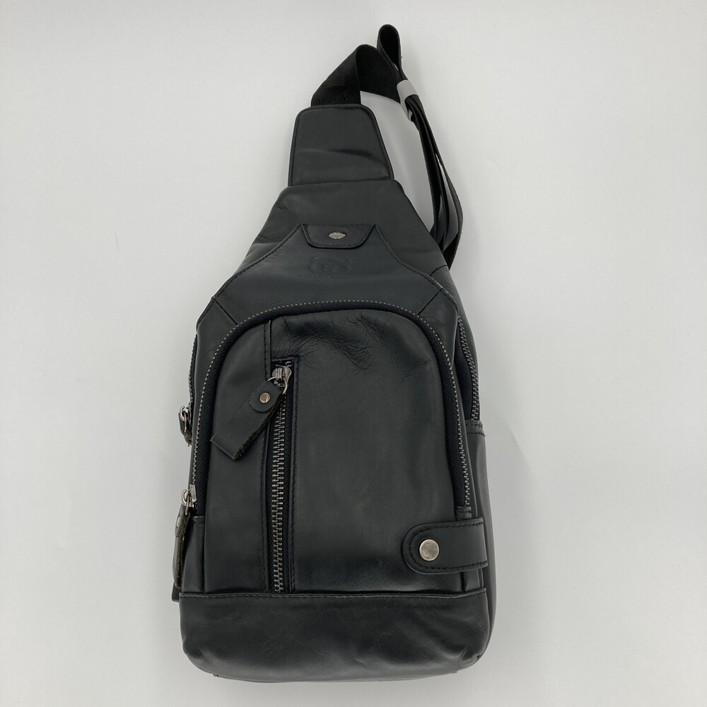 Bullcaptain Men's Genuine Leather Sling Bag Crossbody Chest Pack USB Port Black
